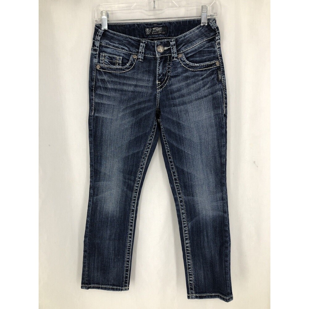 Silver Suki Mid Capri Jeans Thick Stitch Rhinestone Studded Pocket 25 (28x25.5)
